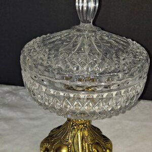 VTG REGENCY NOUVEAU COMPOTE BOWL w/LID ~CUT GLASS GILT PEDESTAL FOOTED 1930s MCM